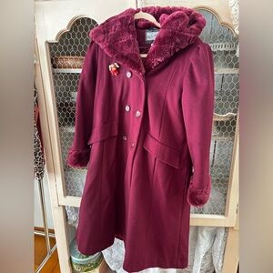 Rothschild Vintage maroon Pea Coat with Faux Fur Trim